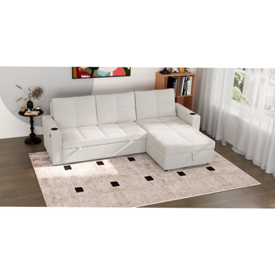 Canapé-lit convertible en tissu, canapé-lit modulaire escamotable avec charge USB et porte-gobelets, canapé-lit en forme de L avec rangement pour le salon (beige)