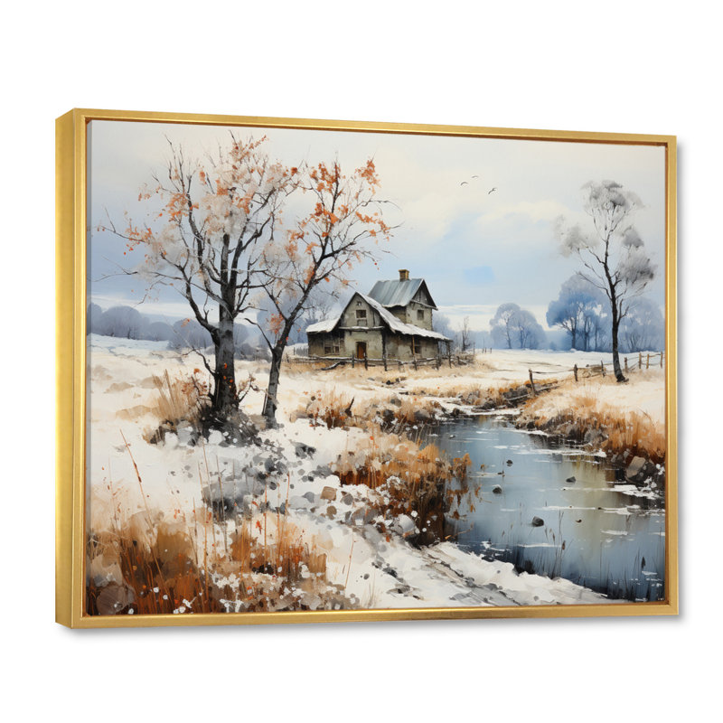 «Countryside Snowy Minimalisme Winter VII», reproduction sur toile, Cadre flottant doré, H 12 po x l 20 po x P 1 po