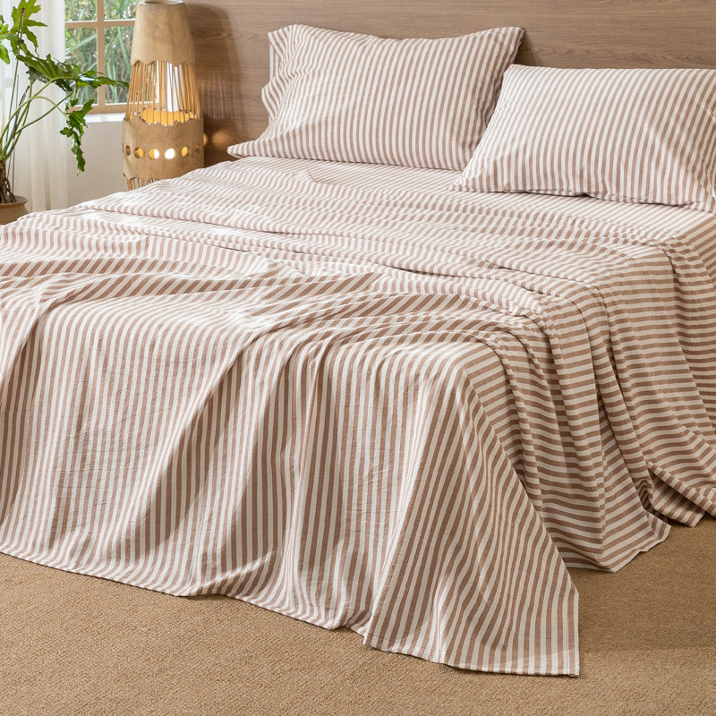 Moomee Striped Flat Sheet 100% Washed Cotton Linen Like Textured Breathable Lightweight, King Flat Sheet