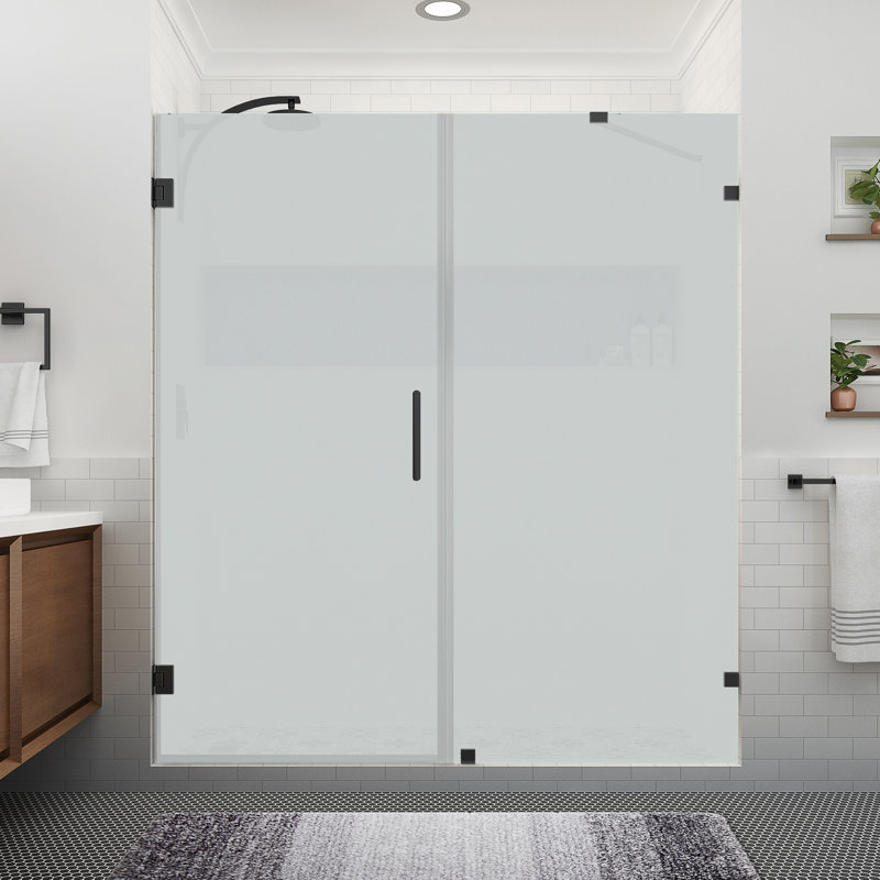 Nautis XL 74.25 to 75.25 in. W x 80 in. H Hinged Frameless Shower Door W/ Ultra-Bright Frosted Glass, Matte Black