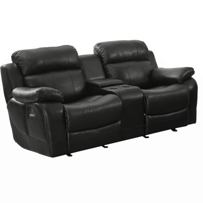 Double Glider Reclining Love Seat With Center Console Black Faux Leather Upholstered Contemporary  Furniture