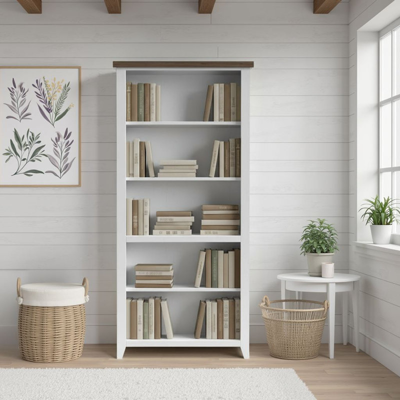 Brixham 72” 5-Shelf Bookcase, White/Barnwood, (5 Shelves) 72" H x 34" W x 11" D