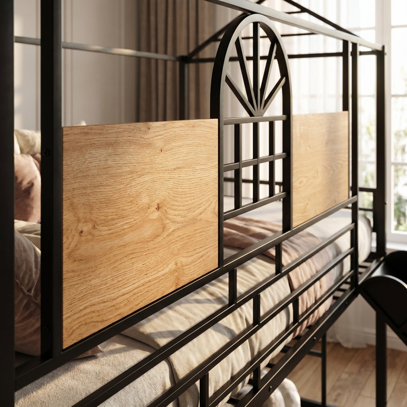 Lit superposé AVELOR en métal avec glissade, escalier de rangement, barrières de sécurité sur toute la longueur et tablette latérale
