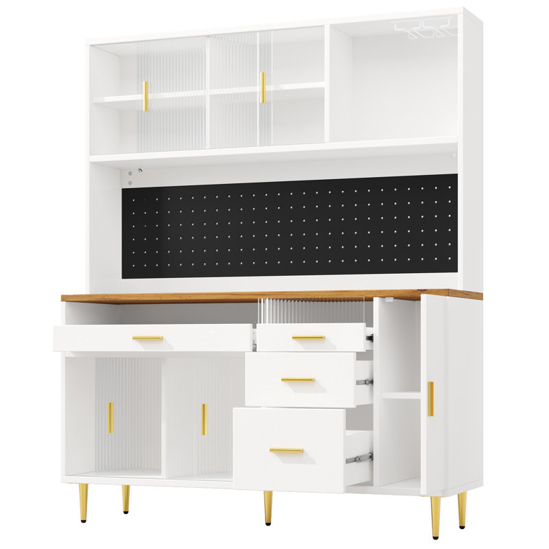 Kitchen Cabinet With Led, 5 Doors And 2 Drawers Black, White