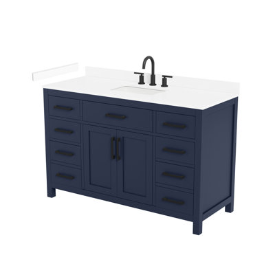 Meuble-lavabo simple 54 po Beckett en bleu foncé, comptoir en marbre de culture blanc, lavabo carré encastré (3 trous), garniture noir mat