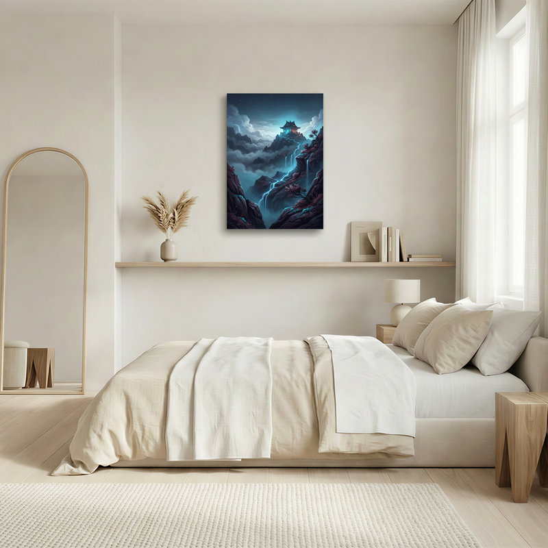 «Starry Night Pagoda On Glowing Blue Cliffside Waterfall», art mural, 48"H x 32"W