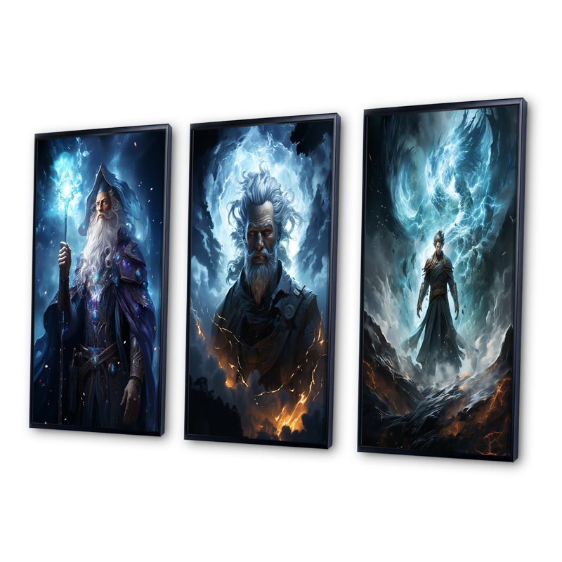 " Powerful Wizard " 3 - Pieces, 32" H x 48" W, Black Floater Framed