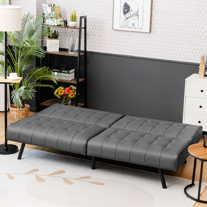 Camisha Twin 70'' Faux Leather Convertible Sofa, Gray Faux Leather