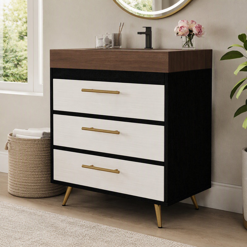 Meuble-lavabo autoportant moderne avec lavabo vasque en céramique et plateau en pierre frittée durable, Black; White, Walnut