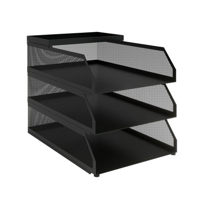 Stackable Mesh Desk File Organizer Tray - Black Metal Slanted Letter Folder Sorter, Expandable Modular Document Rack with Top Shelf for Office Deskt