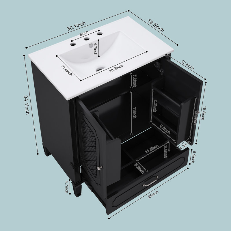 Meuble-lavabo 30 po avec lavabo en céramique, tablette de porte, Noir / argenté