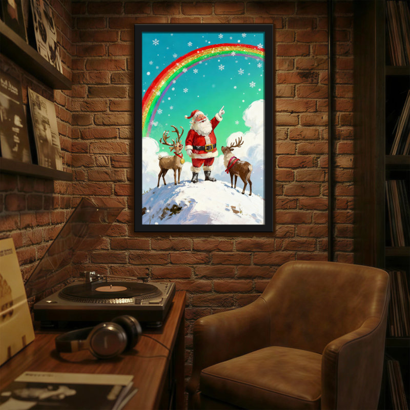 Noël père Noël avec renne et arc-en-ciel, H 18 po x l 12 po