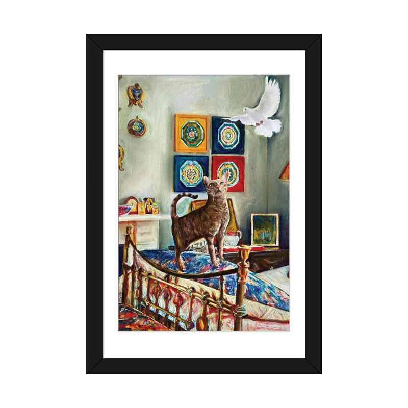 Chaton et la colombe - reproduction d'art murale - papier d'art encadré, 32 po x 24 po, Framed Paper, Black