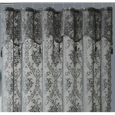Cherrilyn Floral Lace Shower Curtain with Attached Valance and Tassels.