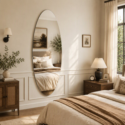 Miroir mural ovale pleine longueur 65 po x 21 po, verre argenté sans cuivre HD, incassable et résistant à l'humidité, fixation verticale suspendue ou adhésive, chambre et salon
