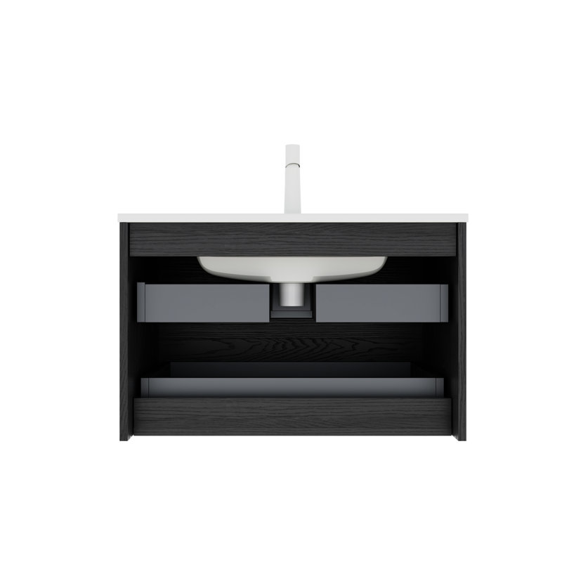 Meuble-lavabo de salle de bain 30 po avec évier, contreplaqué, lavabo en céramique blanche, 2 tiroirs, finition chêne foncé, évier extensible et armoire, tuyau de 30 po