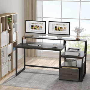Marlaya 60.3" Reversible Computer Desk with Hutch, Drawers, Elevated Monitor Riser Stand