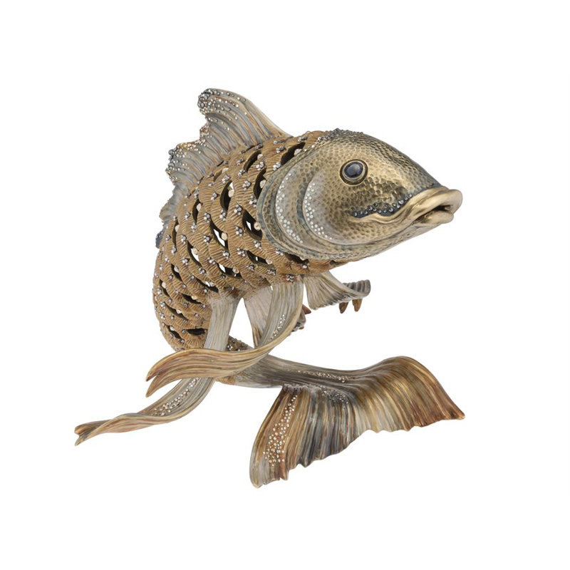 Handcrafted Brass Plated Koi Fish Figurine with Crystals