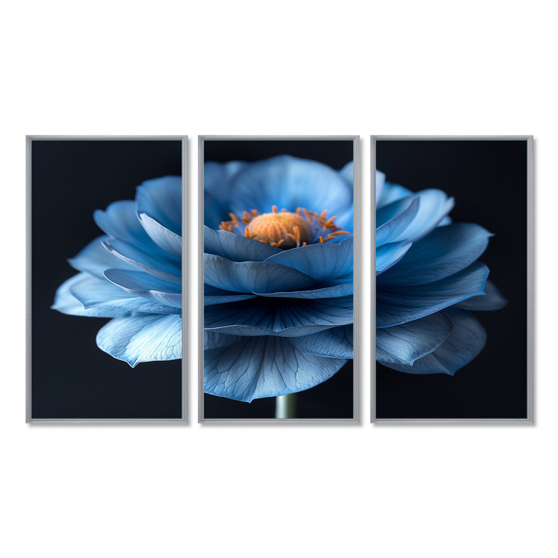 Bleu orange délicat Marigold Photo I - ensemble de salon d'art mural souci, Toile argentée avec cadre flottant