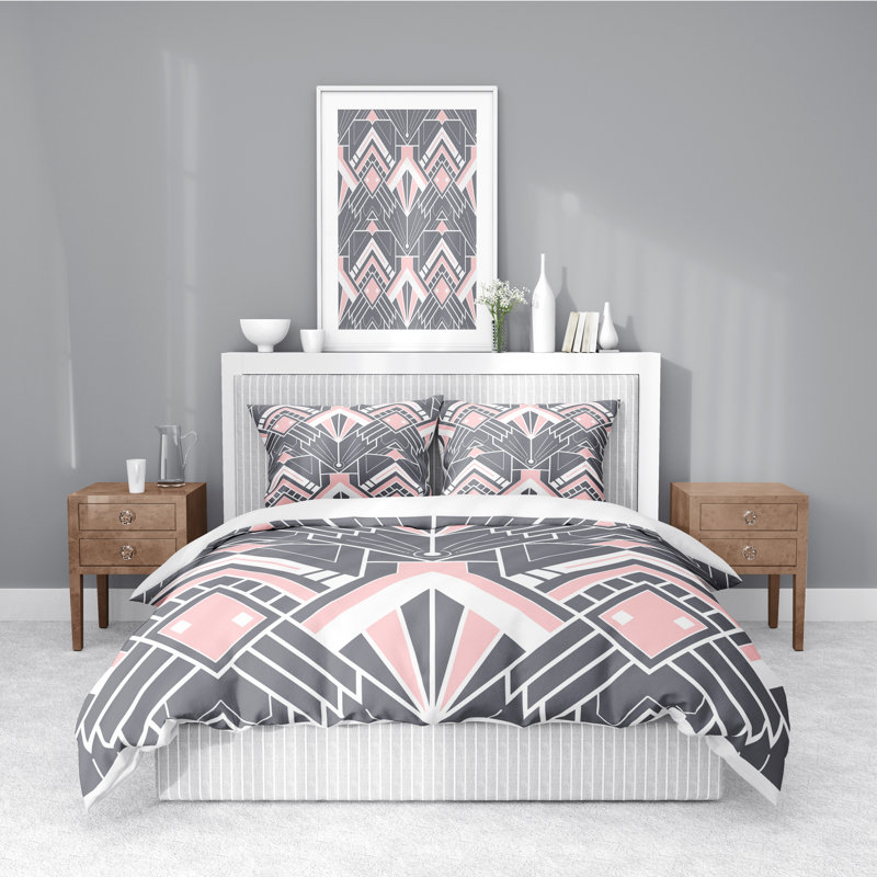  Ensemble de housse de couette en microfibre gris et rose, Housse de couette simple + 1 taie décorative stan