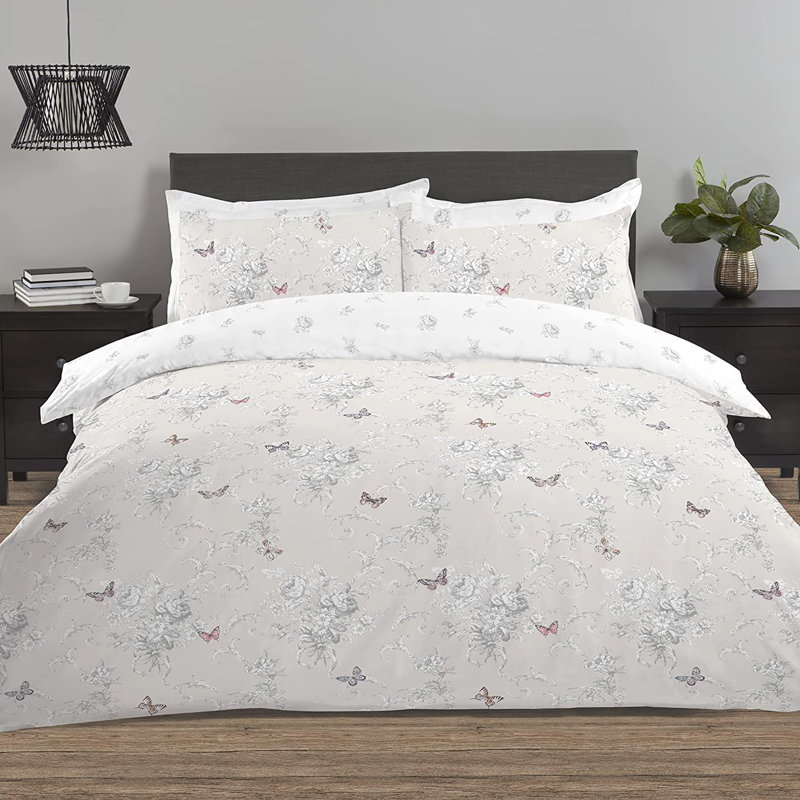 NightComfort Floral Butterflies Beige Cotton Rich Duvet Cover Set with Pillowcase, Single - 1 Standard Pillowcase