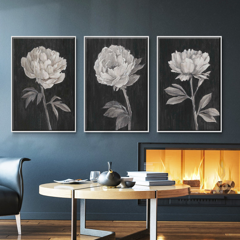 Fleurs noires et blanches I 3 pièces, Blanc, H 36 po x l 72 po