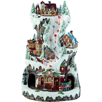 20.5"H Animated LED Ski Resort Mountain Train Station (Train) - 8 Music, Adapter, Hand-Painted Resin