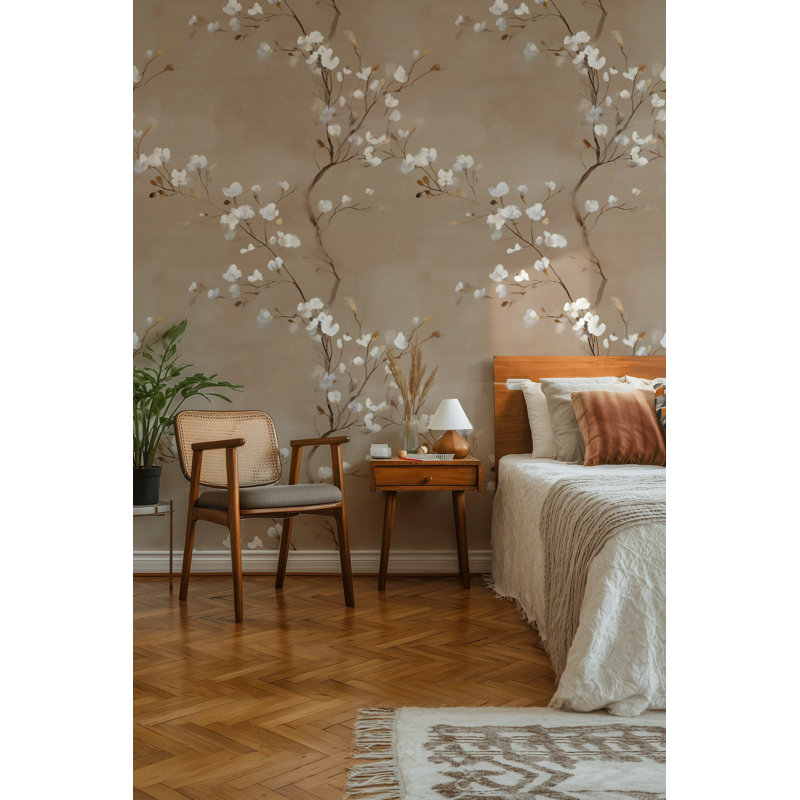 Papier peint floral beige avec fleurs et aquarelle
