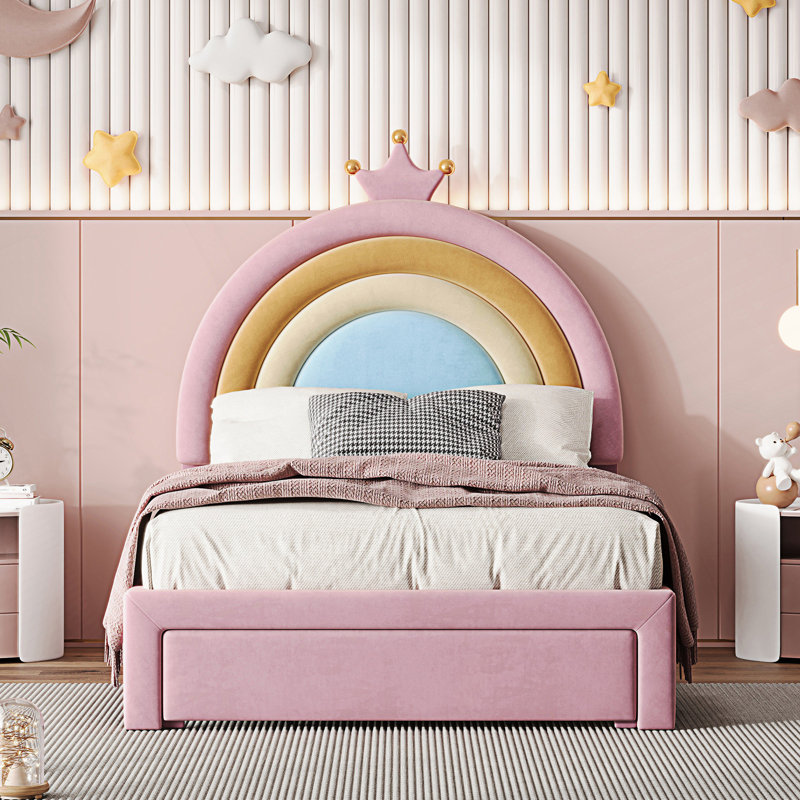 Lit simple tapissier arc-en-ciel, lit plateforme Princess avec tiroir de rangement