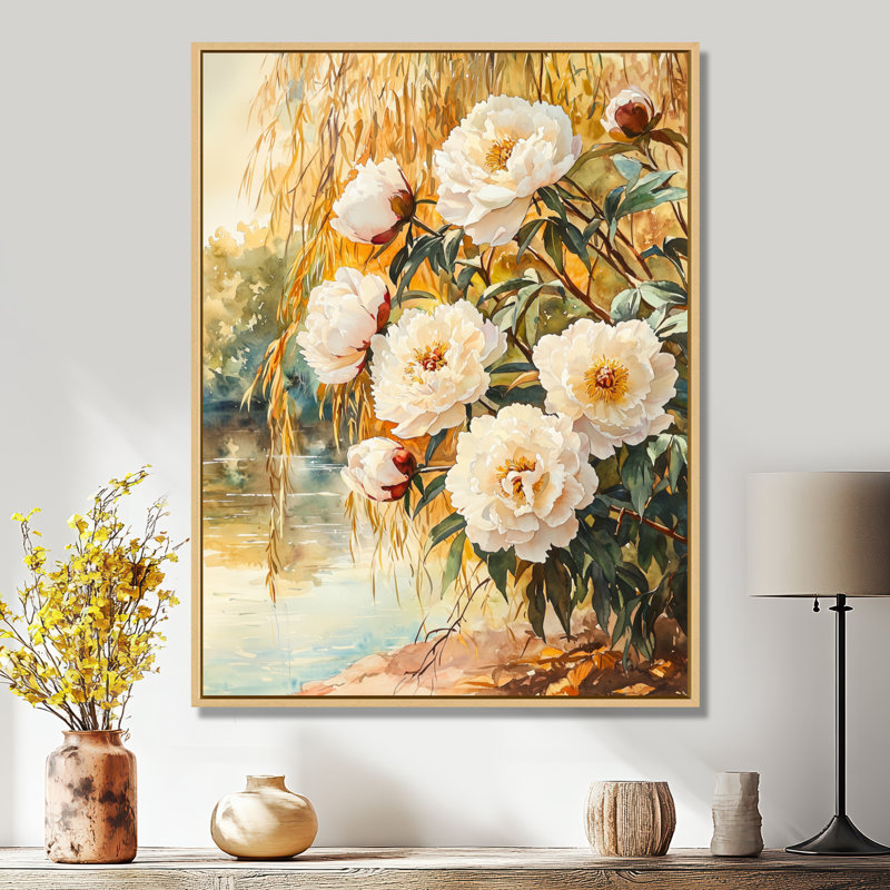 Pivoines par le saule d'automne IV - pivoines, art mural encadré, H 40 po x l 30 po, Reproduction avec cadre flottant