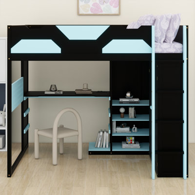 Lit mezzanine multifonctionnel en bois avec bureau, armoire, tablettes, éclairage USB et RVB