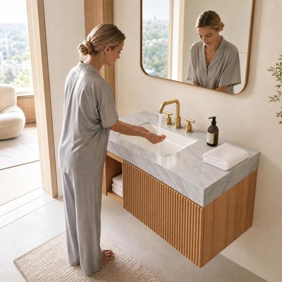 Meuble-lavabo mural de luxe flottant de 48 po avec comptoir en pierre frittée et lavabo en céramique
