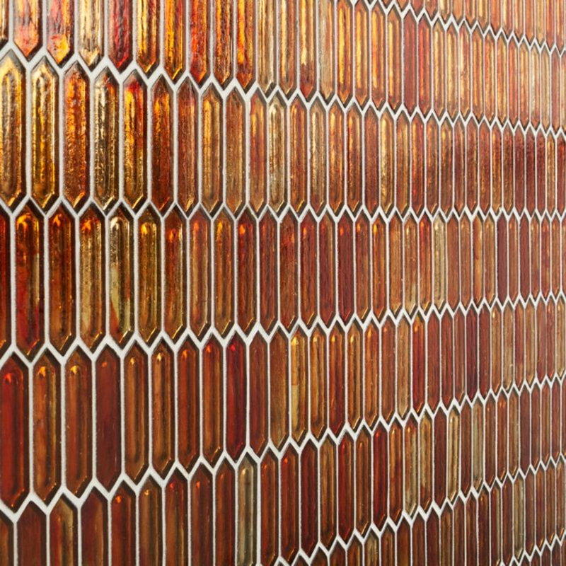 Komorebi Bonfire Red 1X3 Picket Polished Glass Mosaic Tile, Sunset
