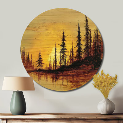 Hiver coucher de soleil dans la forêt de l'Alaska - paysages, art mural rond en métal