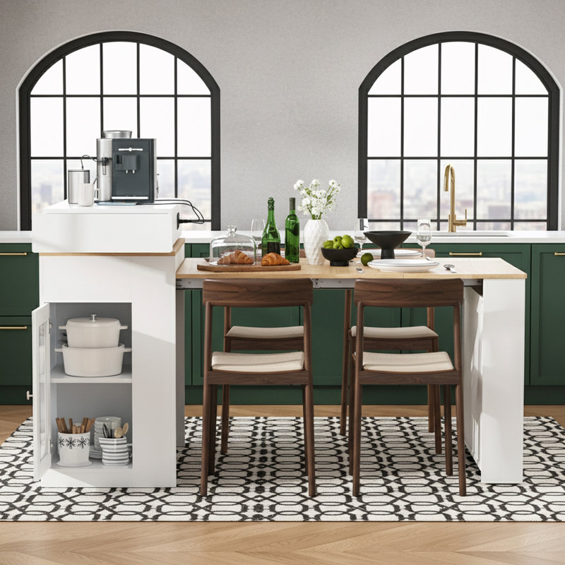 Îlot de cuisine extensible avec plateau de table pliable, prise de courant et crochets, Blanc
