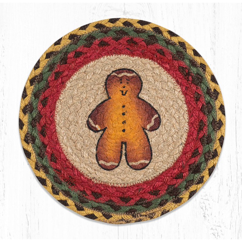 Earth Rugs Gingerbread Man Round Trivet – 10"x10" Braided Jute Accent with Festive Holiday Print