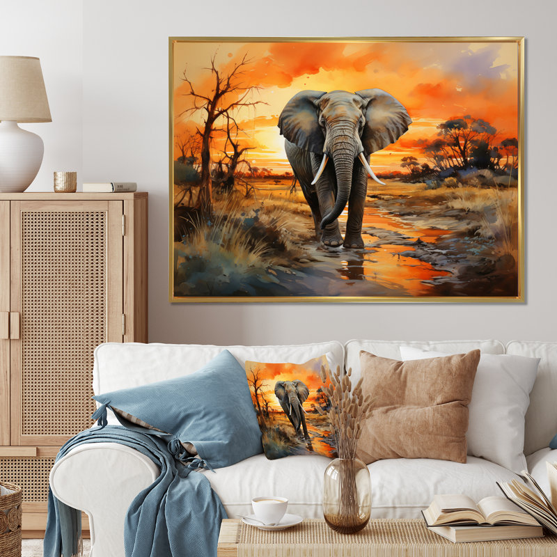Éléphant d'Afrique, prairies II sur toile, H 30 po x l 40 po x P 1,5 po, Cadre flottant doré