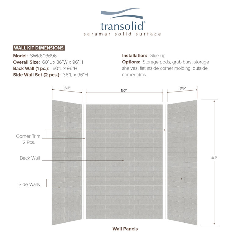 Gray Beach Subway Tile 36" x 60" x 96" Shower Wall Kit