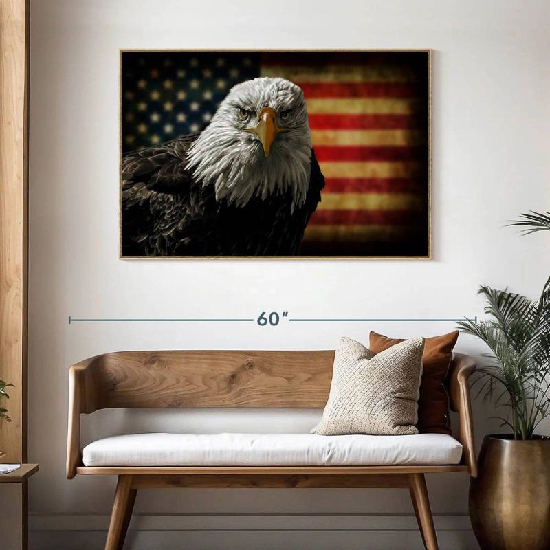 Aigle et drapeau de l'Amérique, Cadre flottant en bois naturel, 46 po x 31 po
