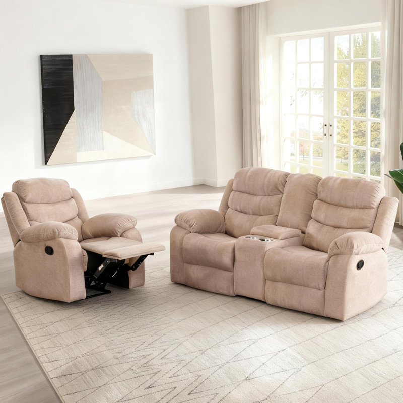 Ensemble de salon 2 pièces en polyester - Fauteuil inclinable manuel et causeuse avec console, Chameau clair