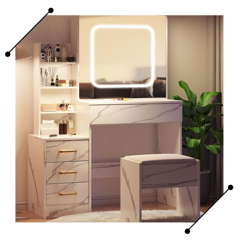 Bureau de coiffeuse avec miroir et lumières DEL, Blanc