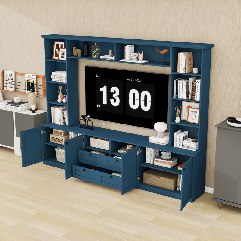 Meuble audio-vidéo avec 4 tiroirs, tablettes réglables et armoires, Bleu