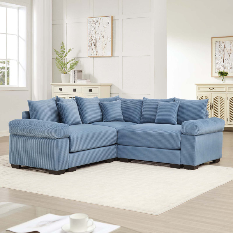 Canapé modulaire moderne surdimensionné en velours côtelé 3 places avec 10 coussins décoratifs Modern, Velours côtelé bleu