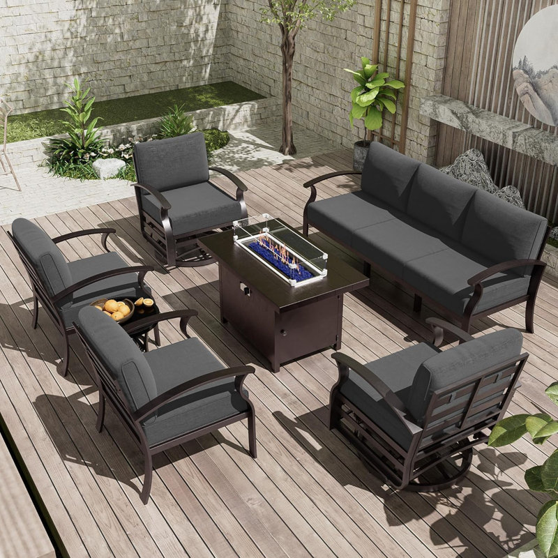 6-Piece Outdoor Patio  Furniture Aluminum Conversation Set Swivel&Glider Armchair With LP Fire Pit Table, Gray