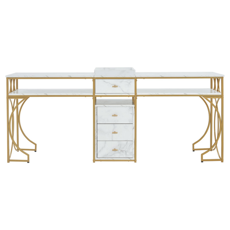Modern Double Position Modern Nail Desk with Drawer and Shelf 78.7'' Wide, Metal Frame