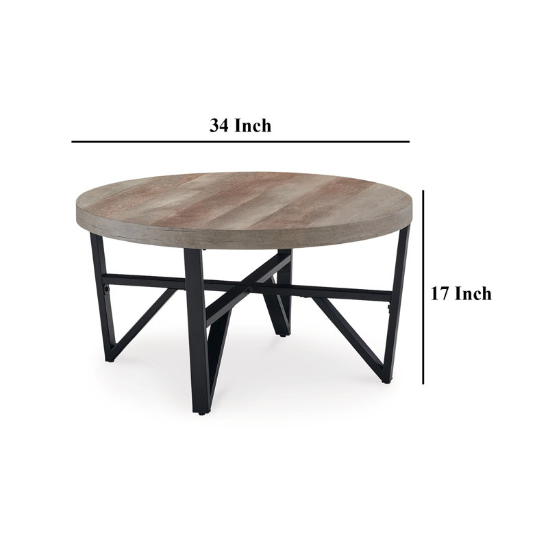 Hya 3Pc Coffee And End Table Set, Brown Wood Round Top, Black Angular