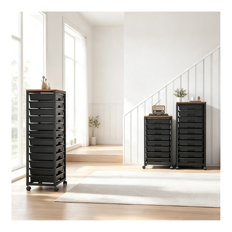12-Drawer Rolling Storage Trolley with Wooden Top & Plastic Drawers, Mobile Utility Organiser Cart for Kids Room and Craft Room, Black
