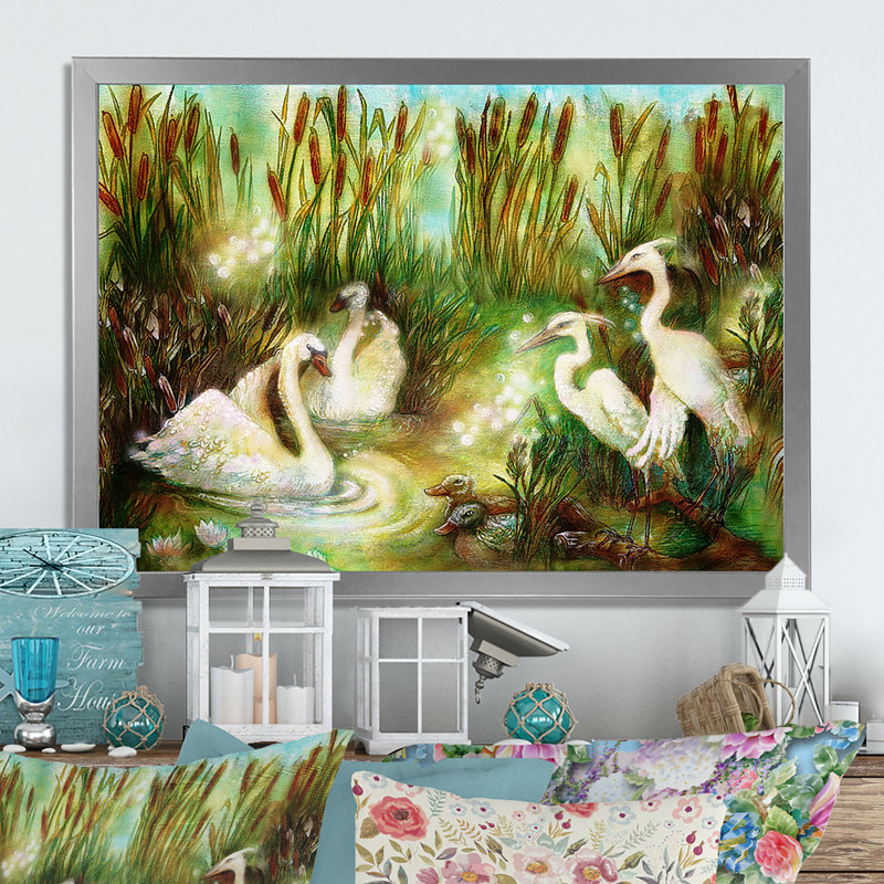 Paire de cygnes et de grues - reproduction sur toile, H 30 po x l 40 po x P 1,5 po, Cadre de coin argenté fermé