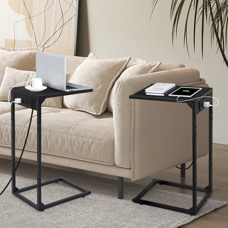 Ensemble de 2 tables d'appoint hautes en forme de C avec prises de courant - noir