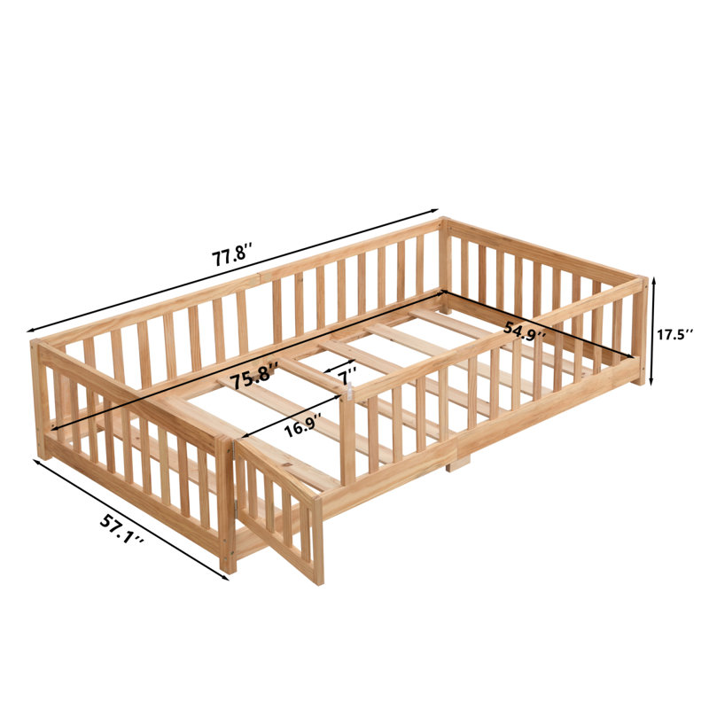 Floor Bed With Door,Solid Wood Platform Bed Frame With Fence,Suitable For Children,Pine Wood, Natural, Full